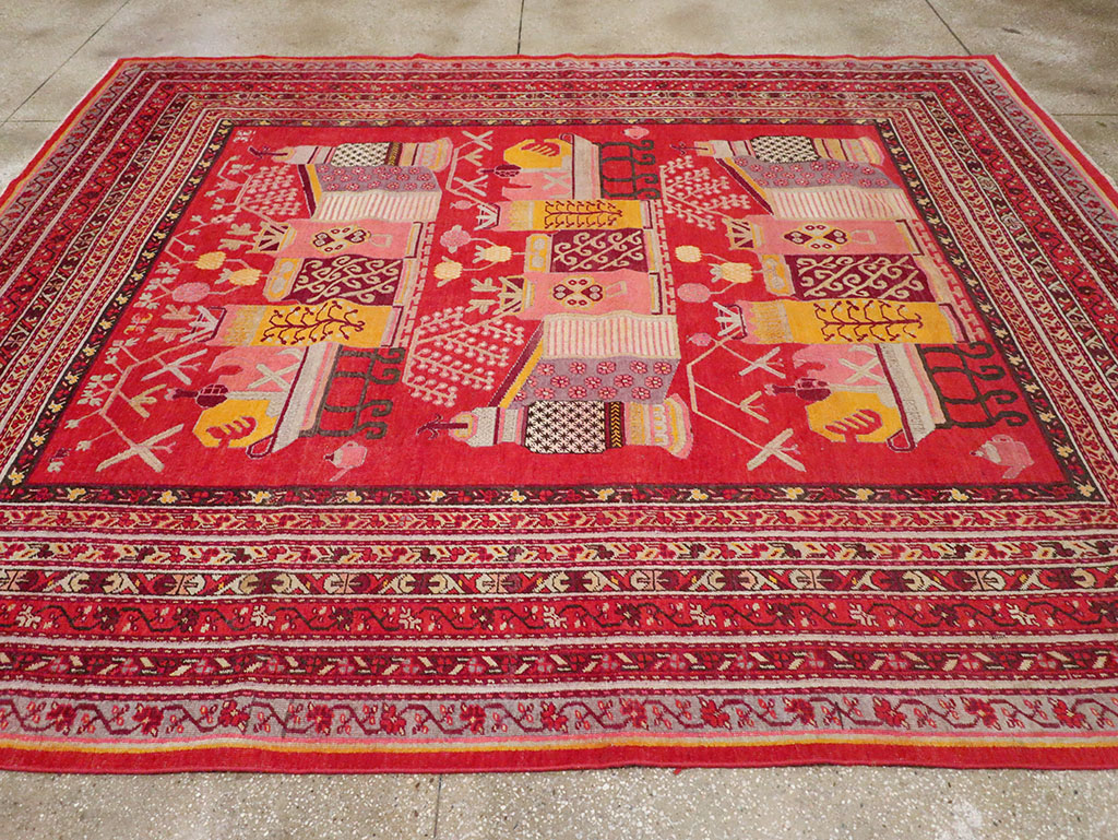 Antique East Turkestan Pictorial Vase Khotan Room Size Carpet, No.32925 - Gsblank