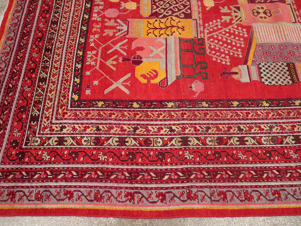 Antique East Turkestan Pictorial Vase Khotan Room Size Carpet, No.32925 - Gsblank