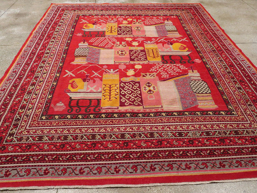 Antique East Turkestan Pictorial Vase Khotan Room Size Carpet, No.32925 - Gsblank