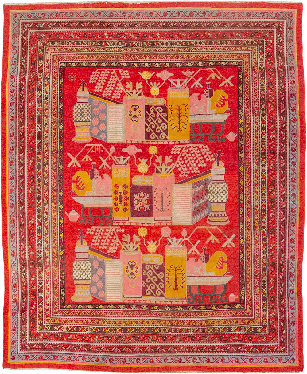 Antique East Turkestan Pictorial Vase Khotan Room Size Carpet, No.32926 - Gsblank
