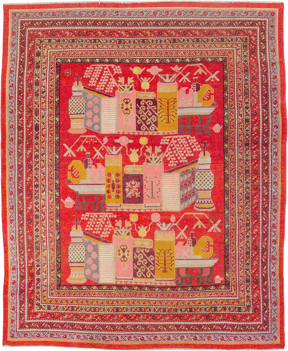 Antique East Turkestan Pictorial Vase Khotan Room Size Carpet, No.32926 - Gsblank