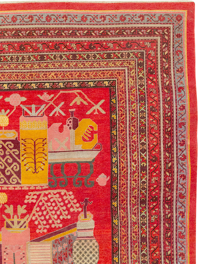 Antique East Turkestan Pictorial Vase Khotan Room Size Carpet, No.32926 - Gsblank