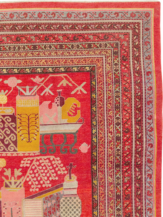 Antique East Turkestan Pictorial Vase Khotan Room Size Carpet, No.32926 - Gsblank