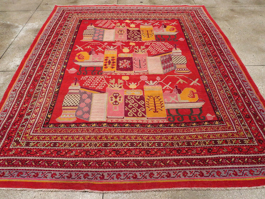 Antique East Turkestan Pictorial Vase Khotan Room Size Carpet, No.32926 - Gsblank