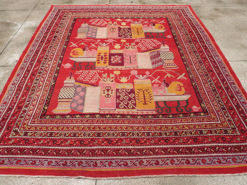 Antique East Turkestan Pictorial Vase Khotan Room Size Carpet, No.32926 - Gsblank