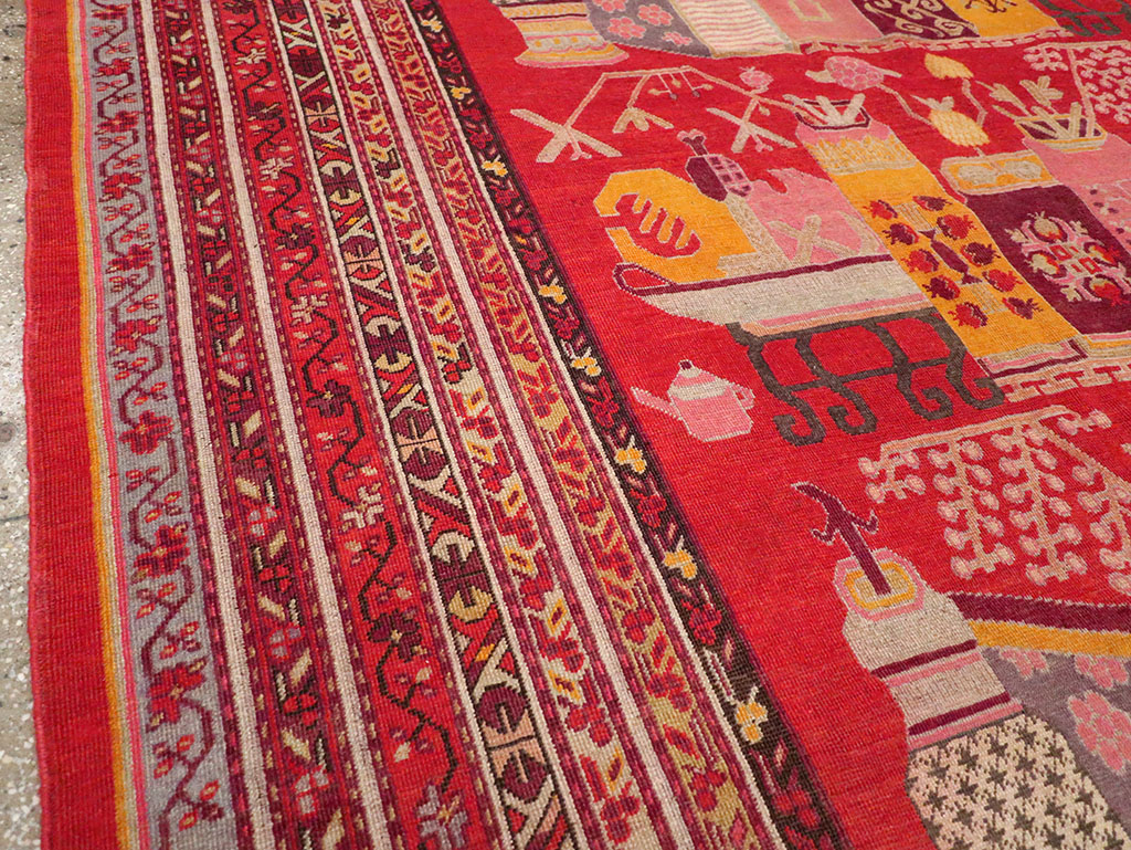 Antique East Turkestan Pictorial Vase Khotan Room Size Carpet, No.32926 - Gsblank