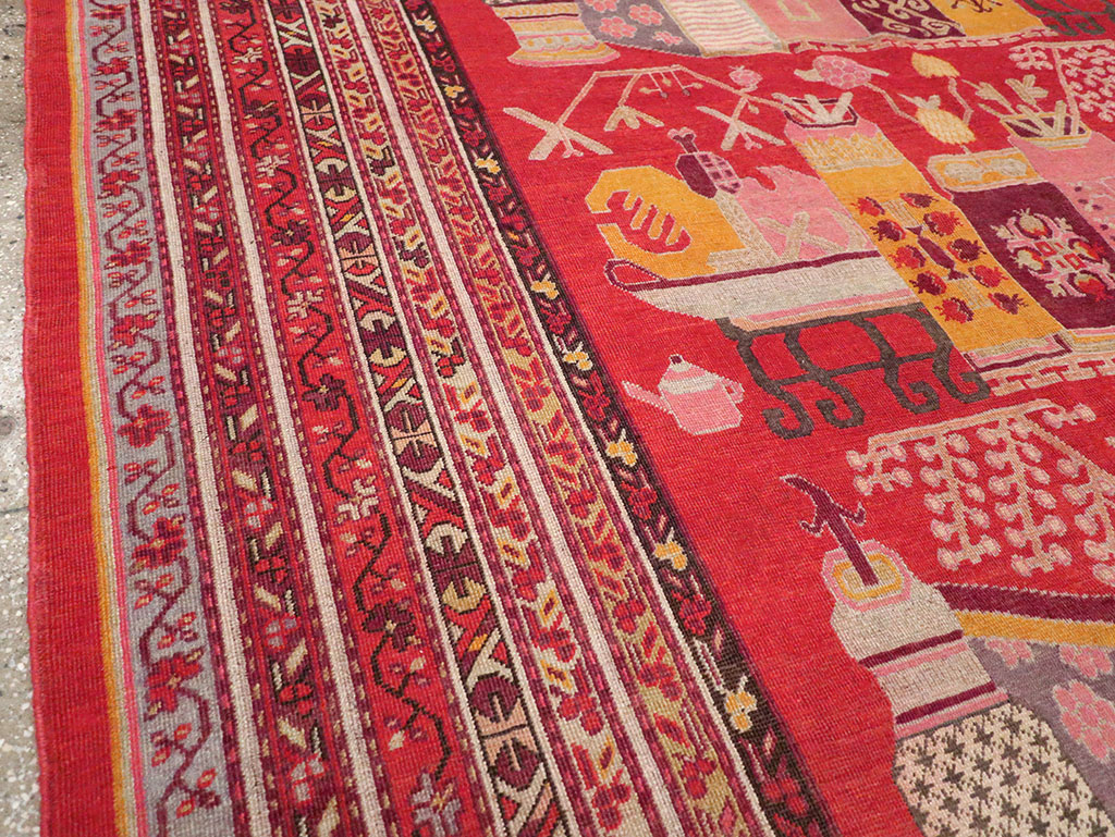 Antique East Turkestan Pictorial Vase Khotan Room Size Carpet, No.32926 - Gsblank