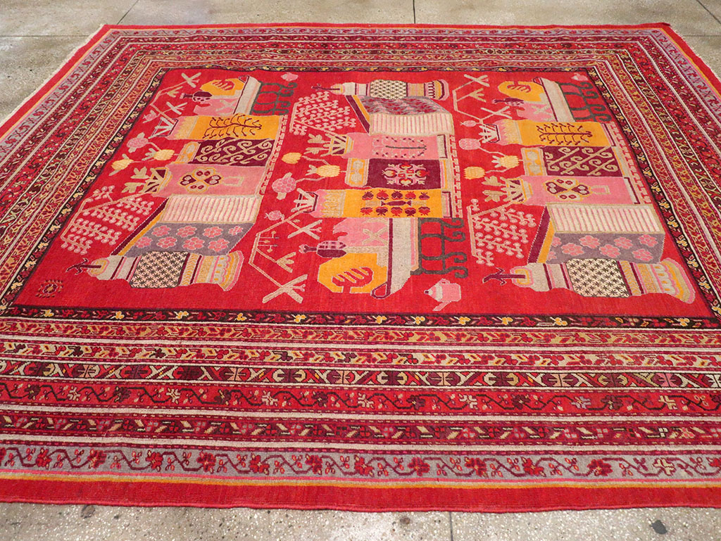 Antique East Turkestan Pictorial Vase Khotan Room Size Carpet, No.32926 - Gsblank