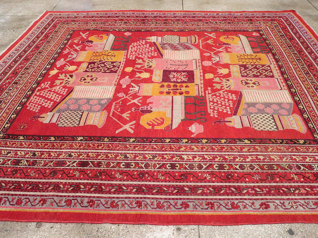 Antique East Turkestan Pictorial Vase Khotan Room Size Carpet, No.32926 - Gsblank