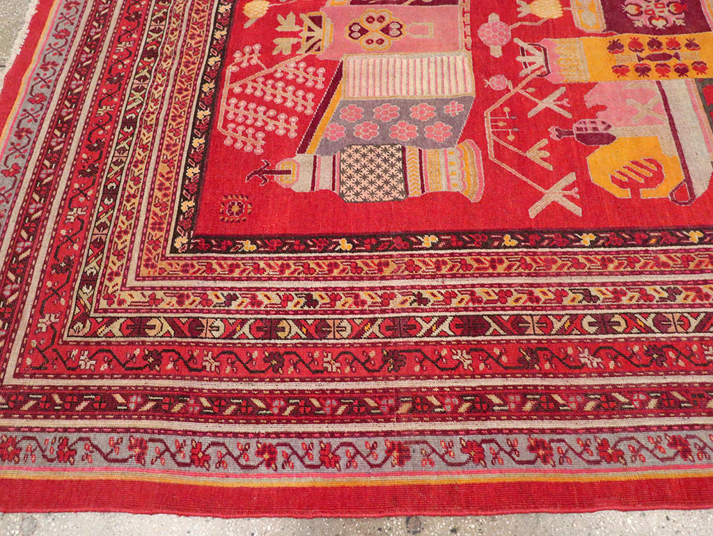 Antique East Turkestan Pictorial Vase Khotan Room Size Carpet, No.32926 - Gsblank