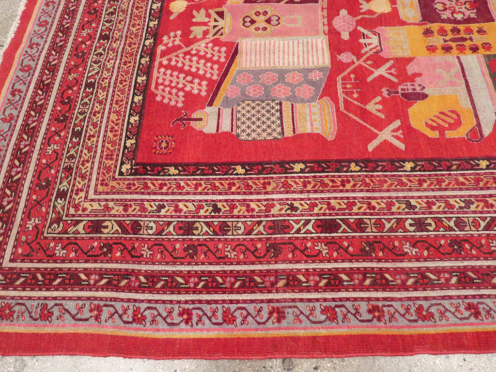 Antique East Turkestan Pictorial Vase Khotan Room Size Carpet, No.32926 - Gsblank