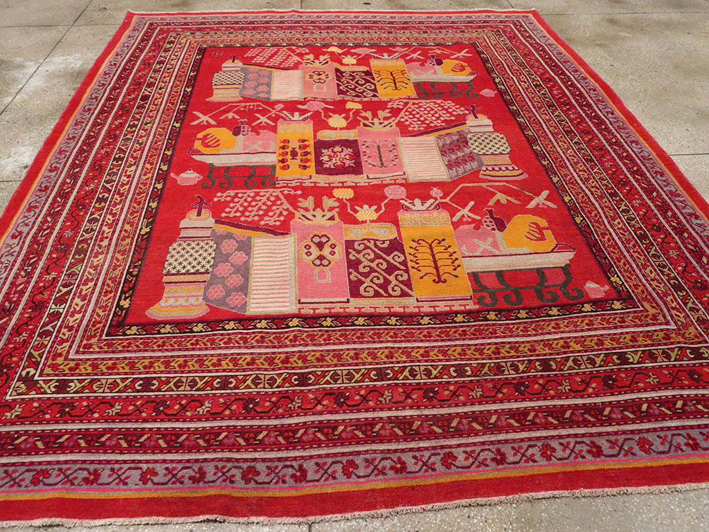 Antique East Turkestan Pictorial Vase Khotan Room Size Carpet, No.32926 - Gsblank