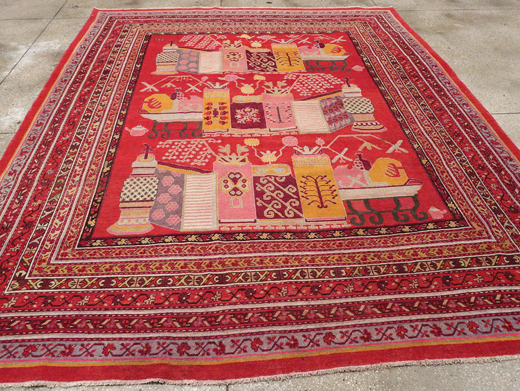 Antique East Turkestan Pictorial Vase Khotan Room Size Carpet, No.32926 - Gsblank