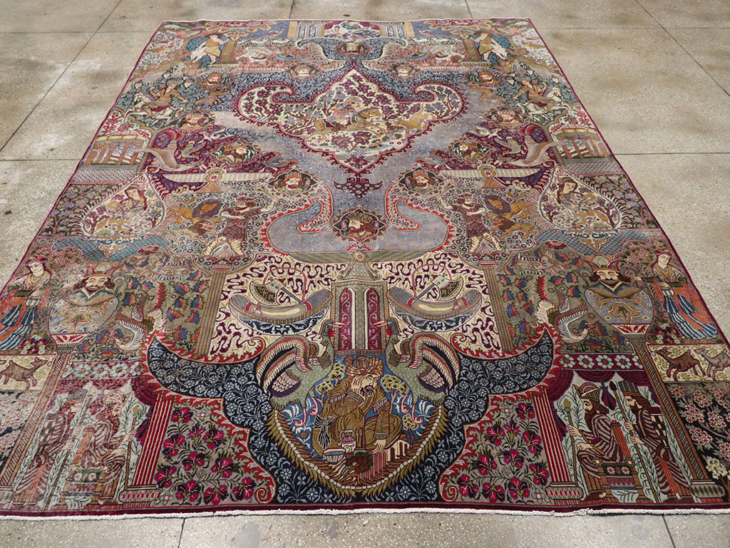 Vintage Persian Mashad Pictorial Room Size Carpet, No.32941 - Gsblank