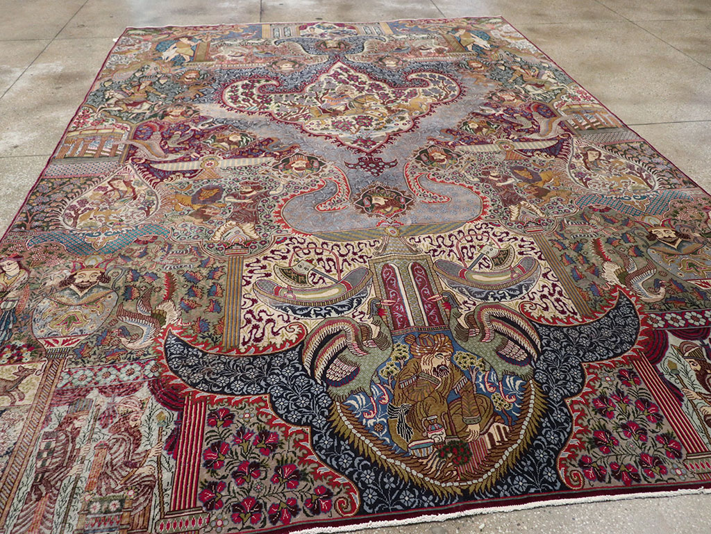 Vintage Persian Mashad Pictorial Room Size Carpet, No.32941 - Gsblank