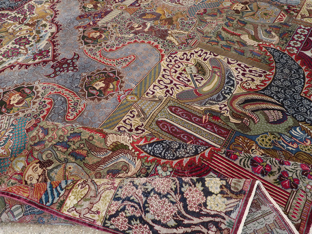 Vintage Persian Mashad Pictorial Room Size Carpet, No.32941 - Gsblank