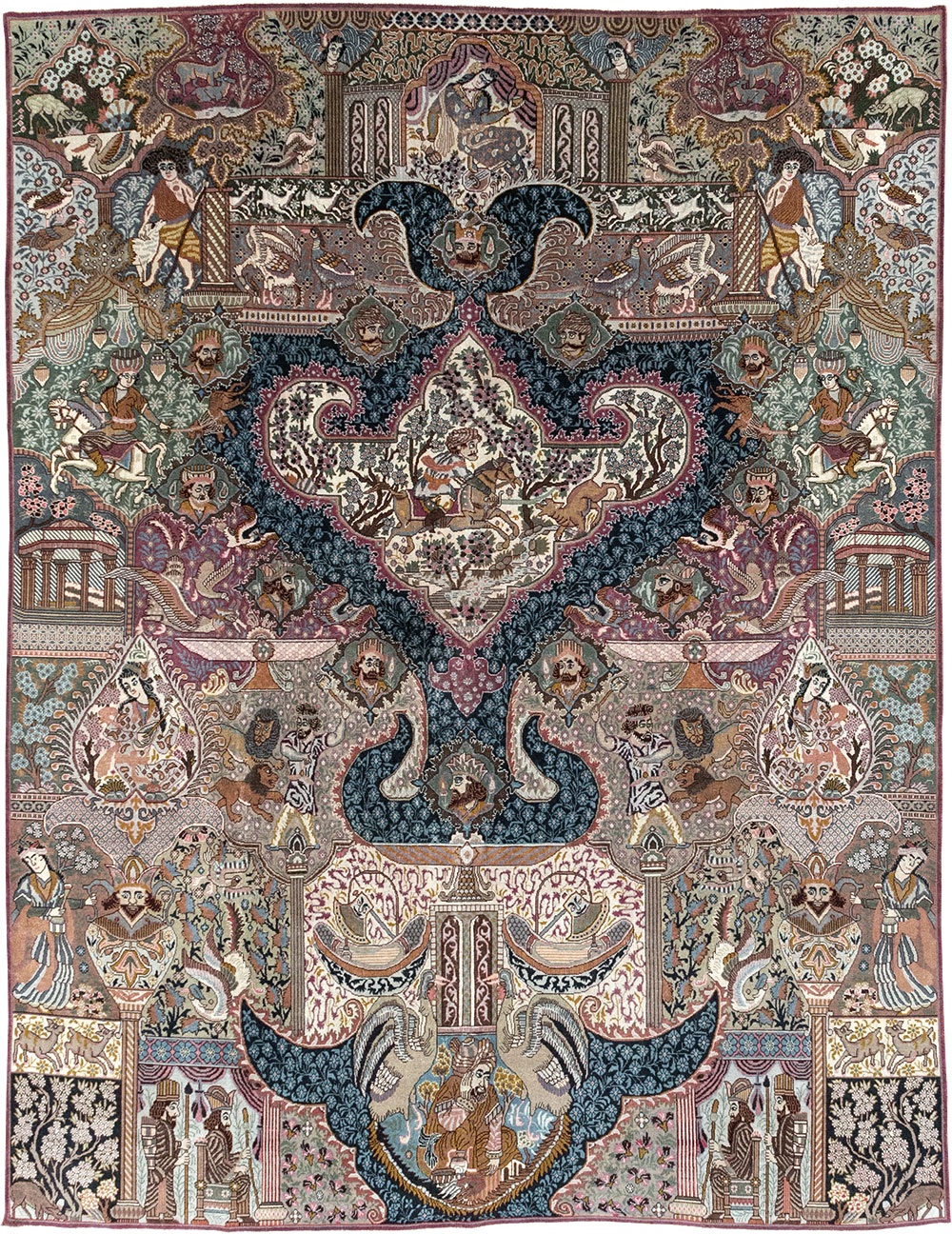 Vintage Persian Mashad Pictorial Room Size Carpet, No.32942 - Gsblank
