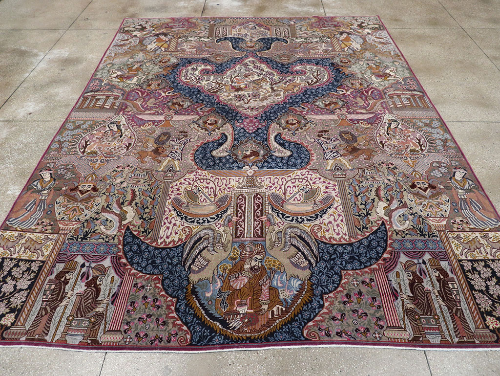 Vintage Persian Mashad Pictorial Room Size Carpet, No.32942 - Gsblank