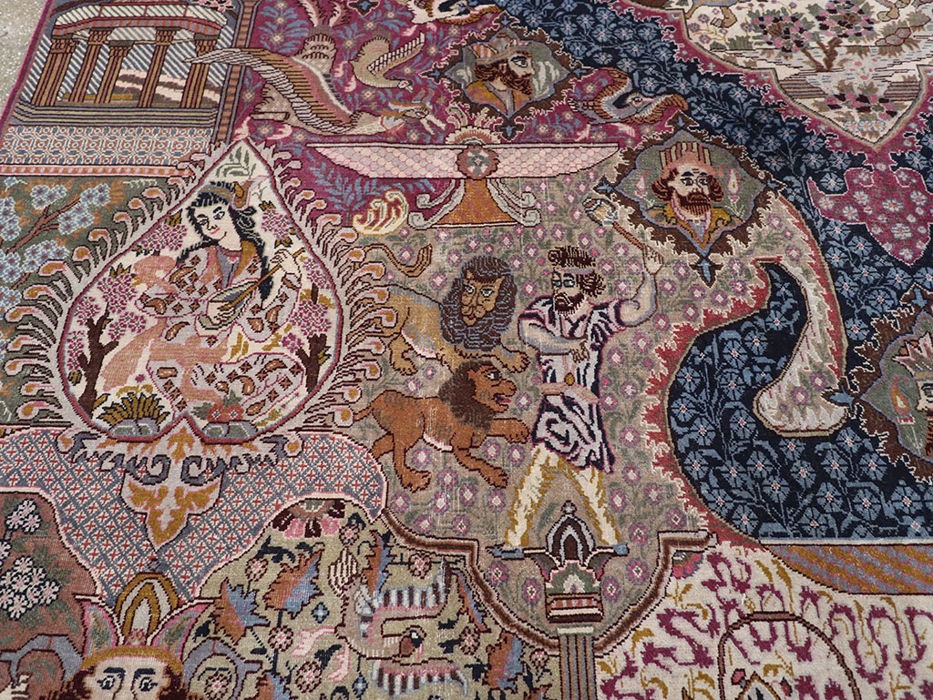 Vintage Persian Mashad Pictorial Room Size Carpet, No.32942 - Gsblank