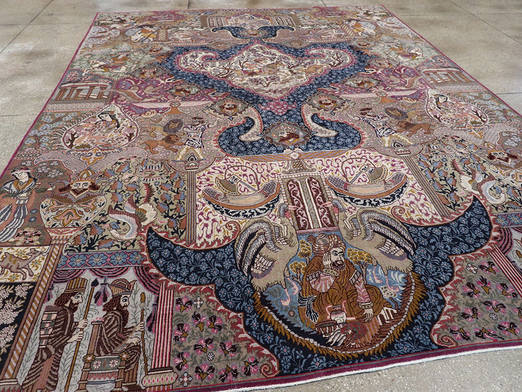 Vintage Persian Mashad Pictorial Room Size Carpet, No.32942 - Gsblank