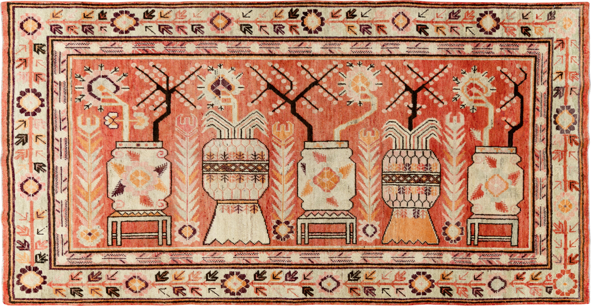 Vintage East Turkestan Pictorial Vase Khotan Rug, No.33698 - Gsblank