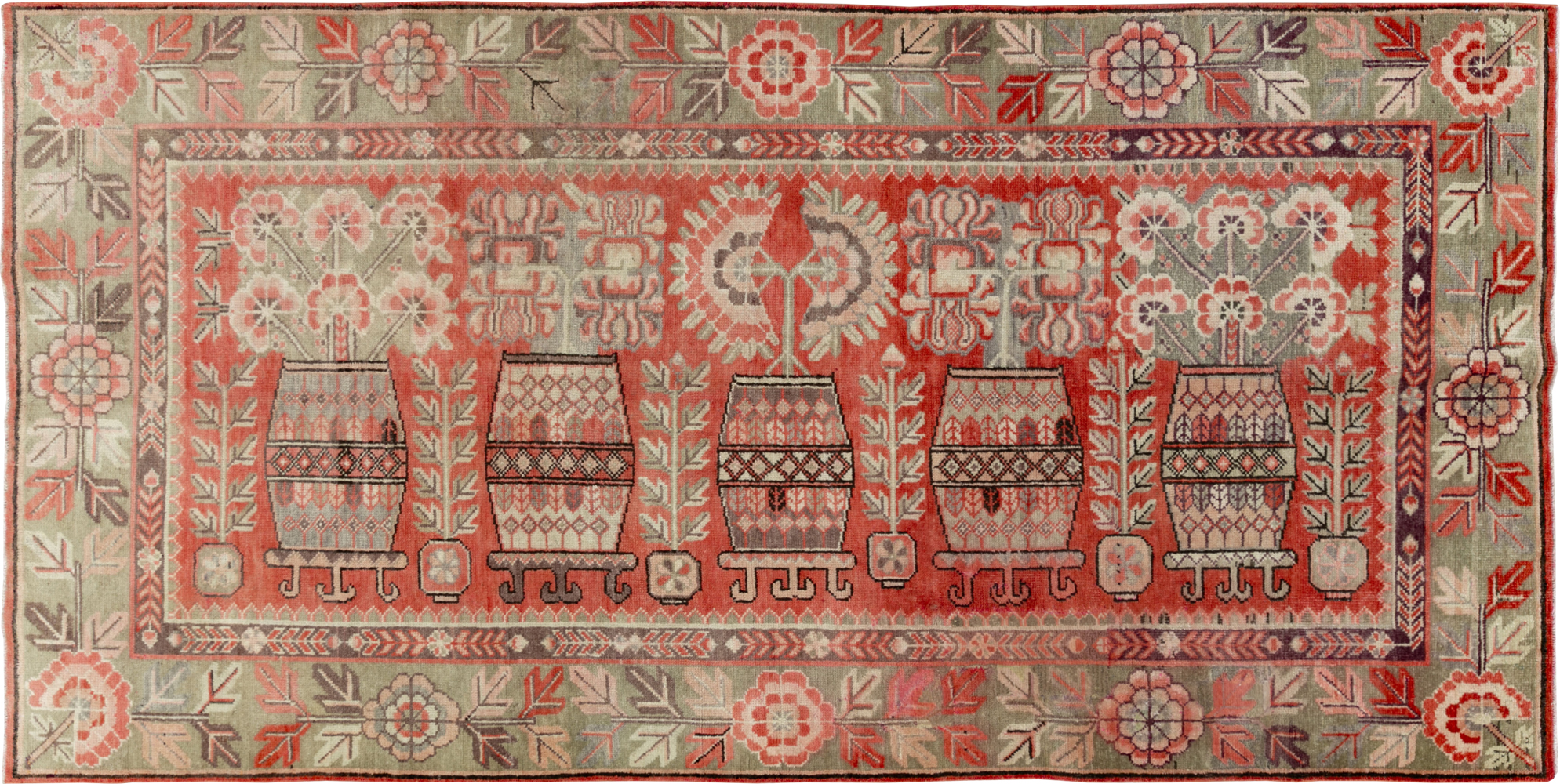 Antique East Turkestan Pictorial Vase Khotan Rug, No.33699 - Gsblank