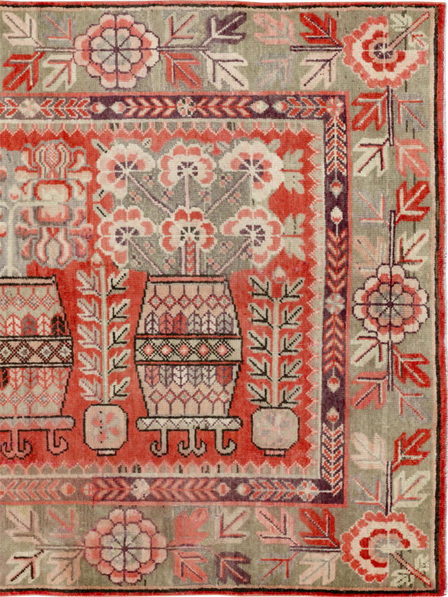 Antique East Turkestan Pictorial Vase Khotan Rug, No.33699 - Gsblank