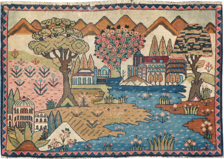 Antique Persian Kashan Pictorial Rug, No.8103 - Gsblank