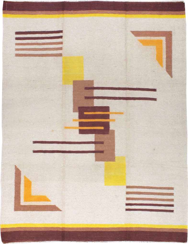 Vintage Indian Flatweave Room Size Rug Inspired By Edward McKnight Kauffer, No.8779 - Gsblank