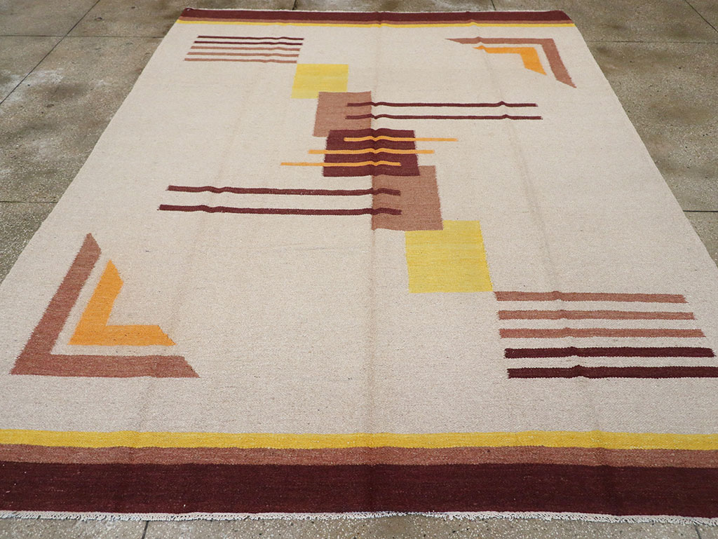 Vintage Indian Flatweave Room Size Rug Inspired By Edward McKnight Kauffer, No.8779 - Gsblank