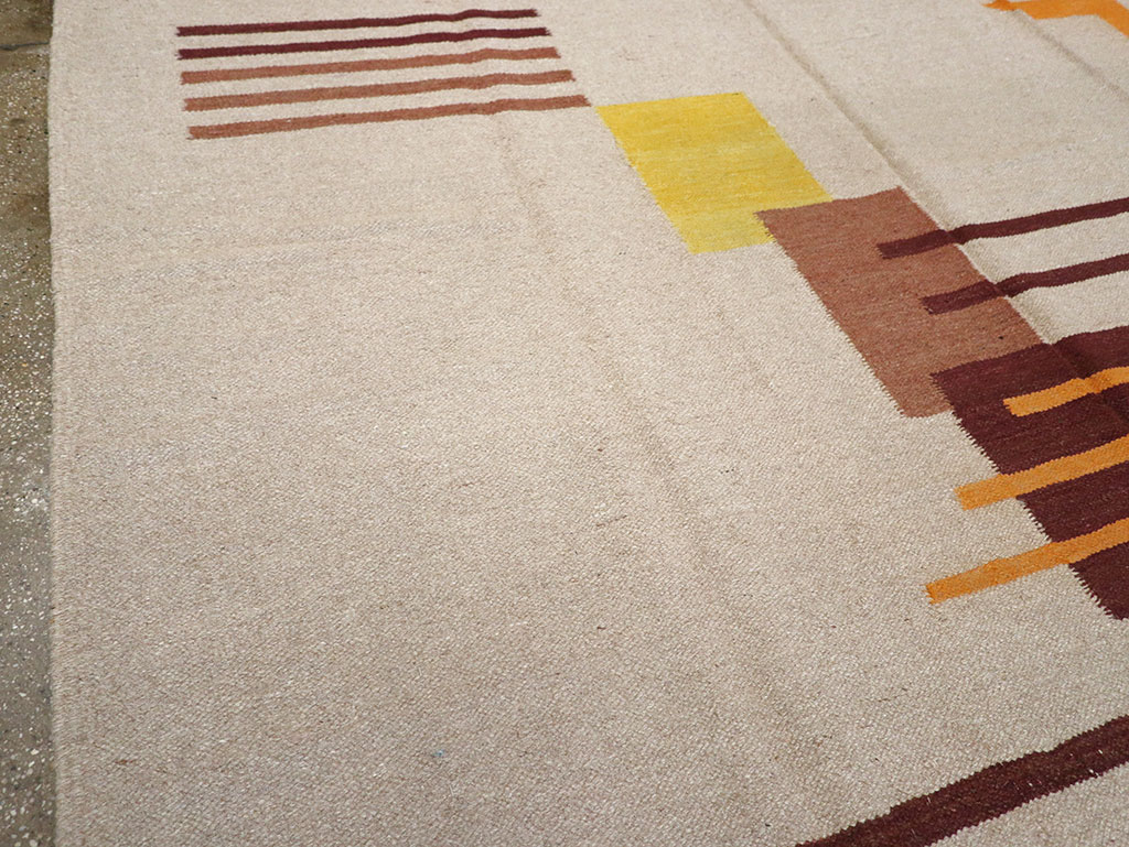 Vintage Indian Flatweave Room Size Rug Inspired By Edward McKnight Kauffer, No.8779 - Gsblank