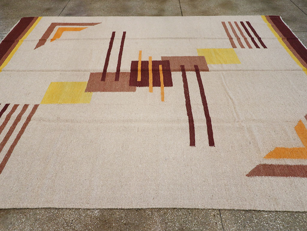 Vintage Indian Flatweave Room Size Rug Inspired By Edward McKnight Kauffer, No.8779 - Gsblank
