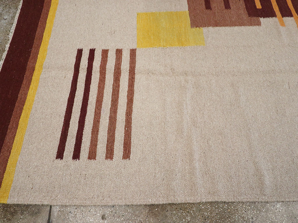 Vintage Indian Flatweave Room Size Rug Inspired By Edward McKnight Kauffer, No.8779 - Gsblank