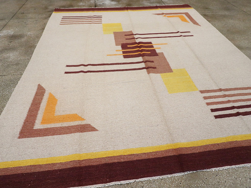 Vintage Indian Flatweave Room Size Rug Inspired By Edward McKnight Kauffer, No.8779 - Gsblank