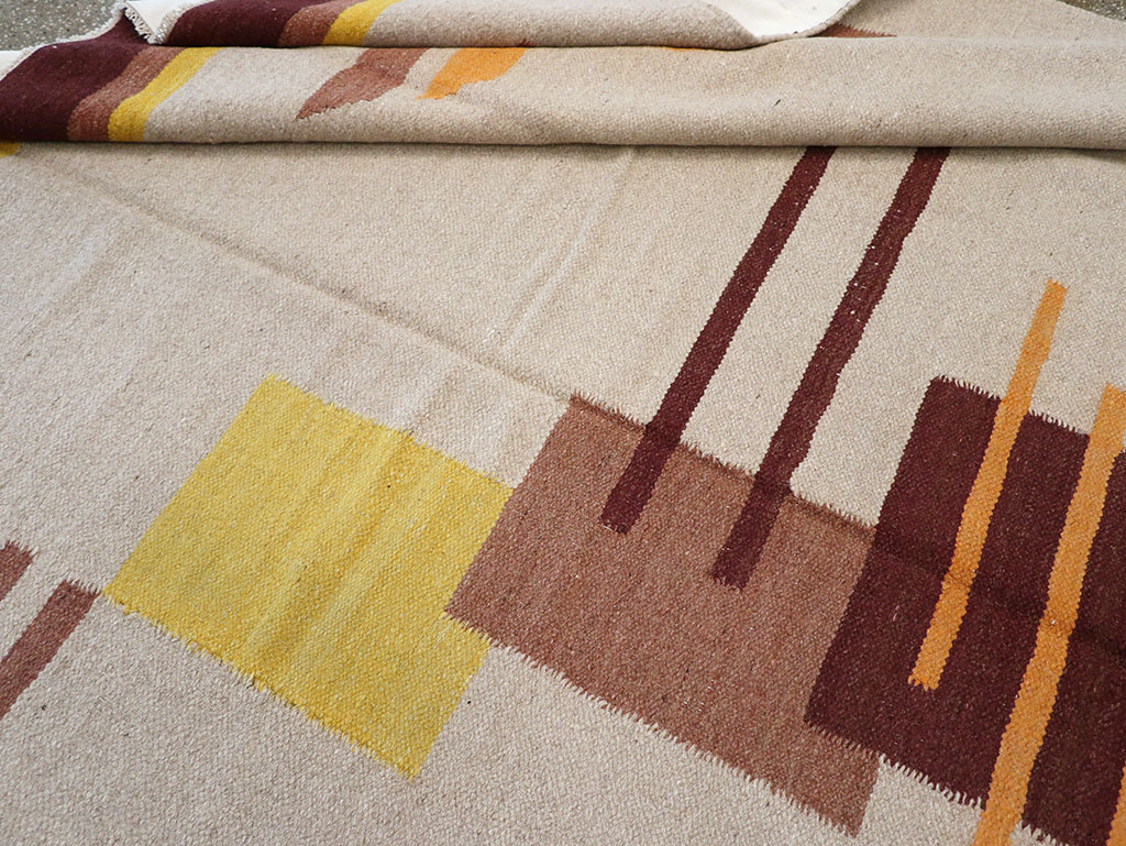 Vintage Indian Flatweave Room Size Rug Inspired By Edward McKnight Kauffer, No.8779 - Gsblank