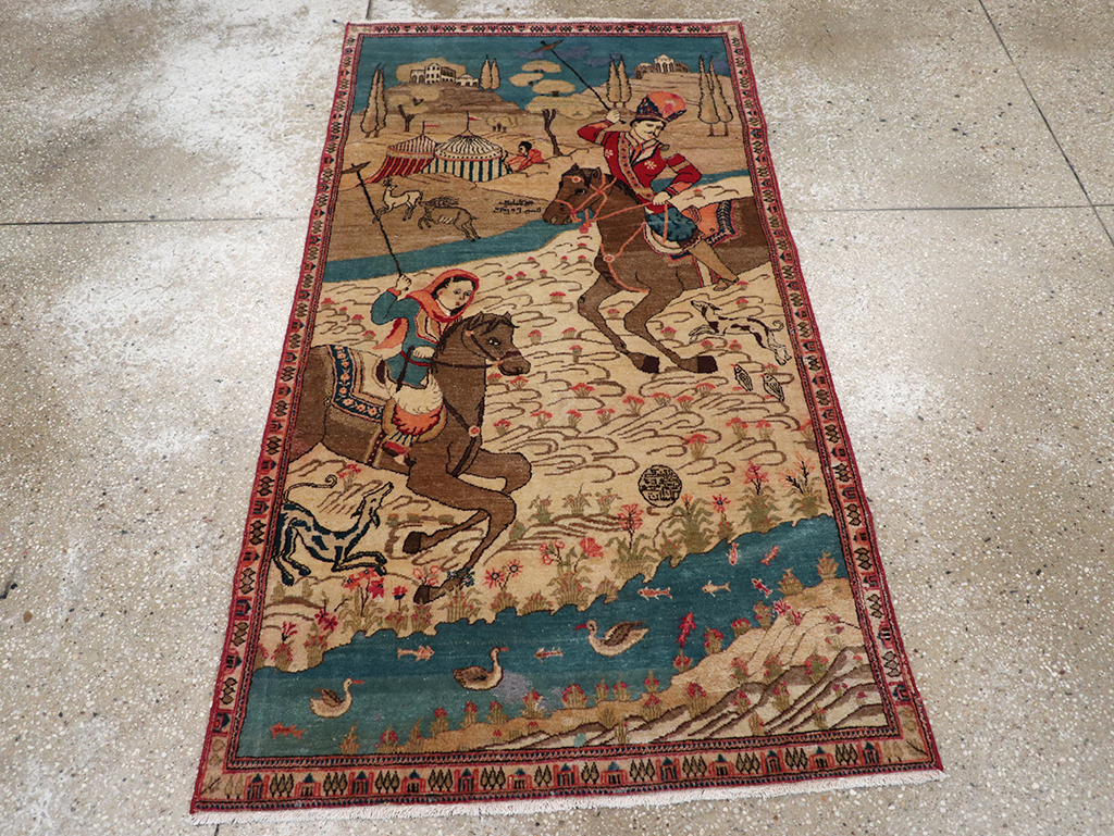 Vintage Persian Kashan Pictorial Throw Rug, No.9083 - Gsblank