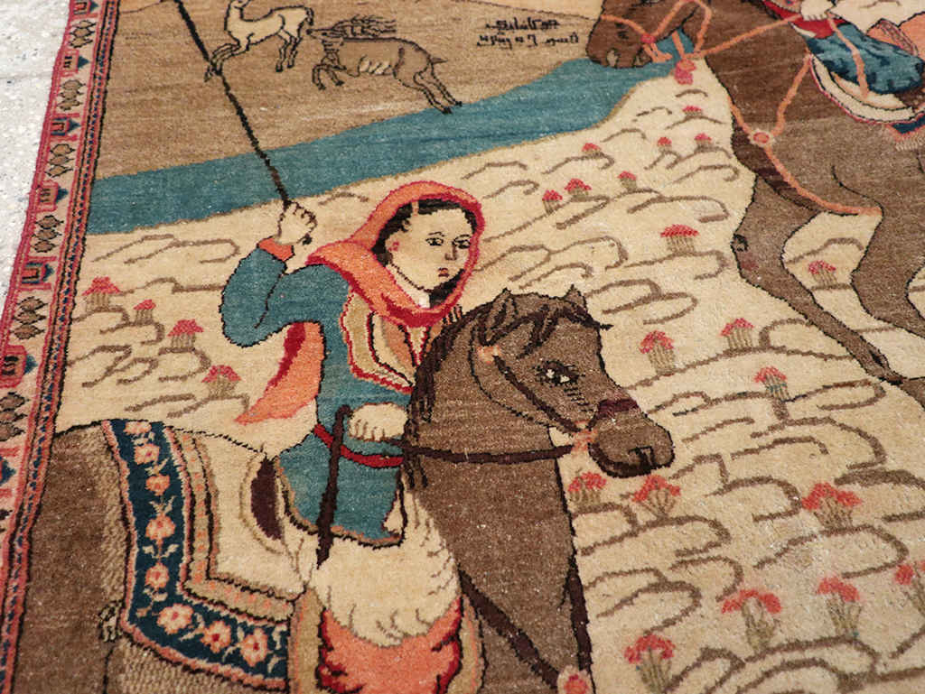 Vintage Persian Kashan Pictorial Throw Rug, No.9083 - Gsblank