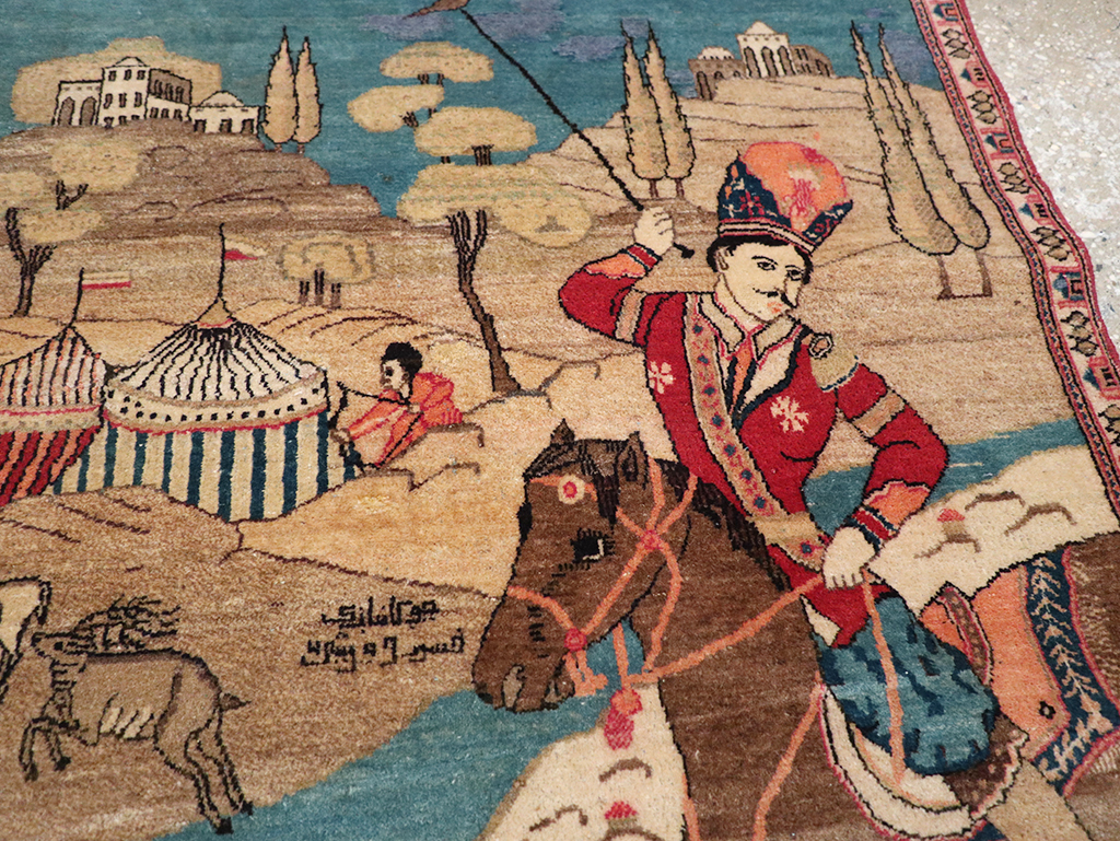 Vintage Persian Kashan Pictorial Throw Rug, No.9083 - Gsblank