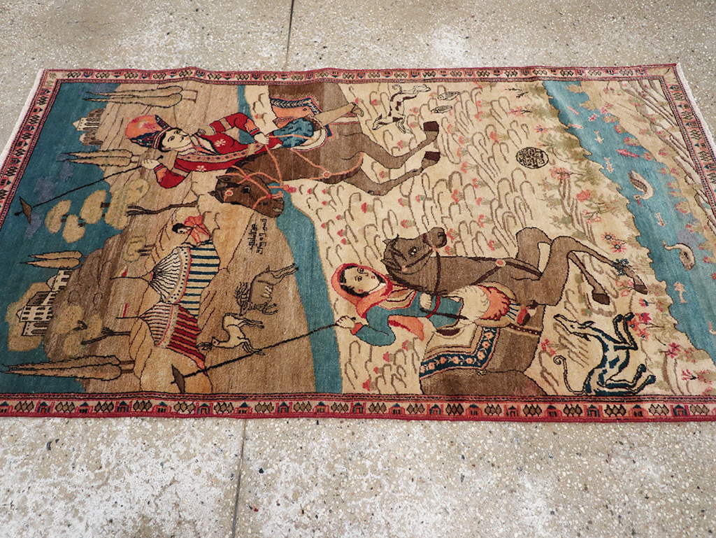Vintage Persian Kashan Pictorial Throw Rug, No.9083 - Gsblank