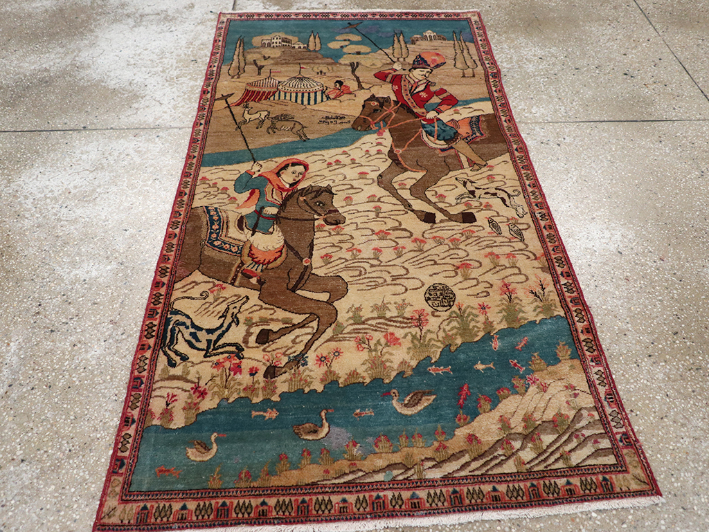 Vintage Persian Kashan Pictorial Throw Rug, No.9083 - Gsblank