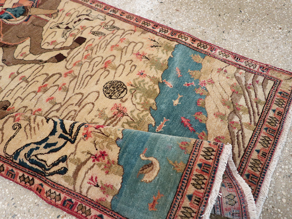 Vintage Persian Kashan Pictorial Throw Rug, No.9083 - Gsblank