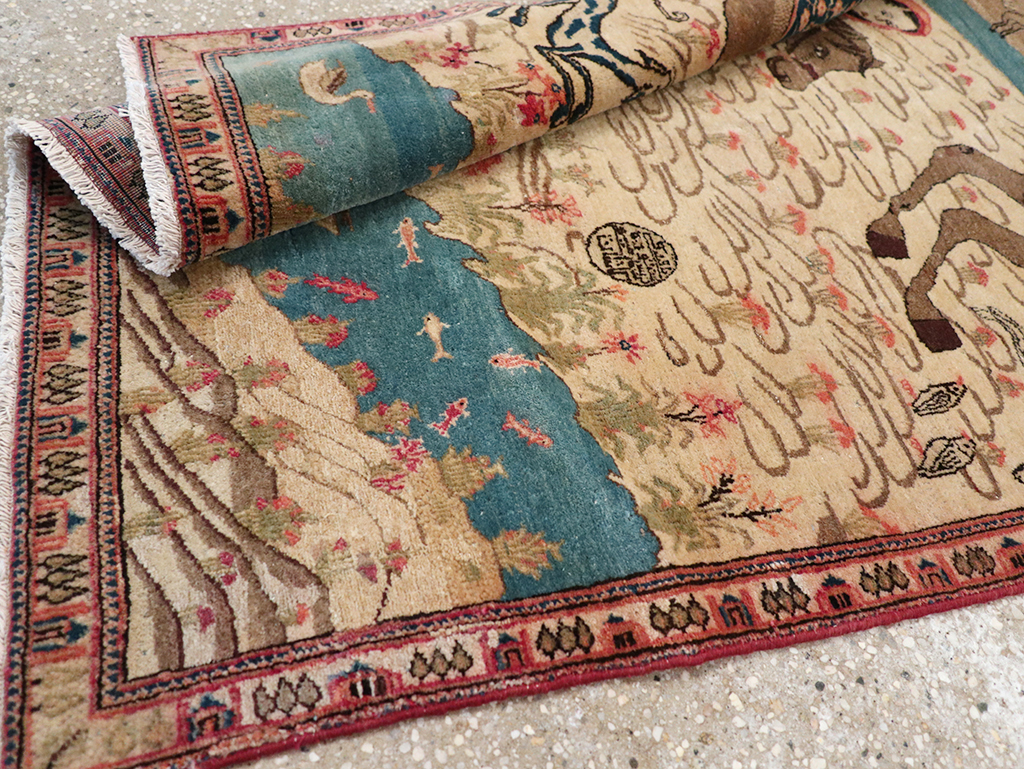 Vintage Persian Kashan Pictorial Throw Rug, No.9083 - Gsblank