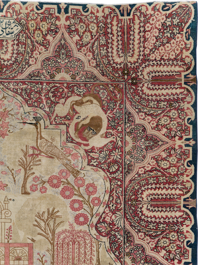 Antique Persian Lavar Kerman Pictorial Accent Carpet, No.9586 - Gsblank