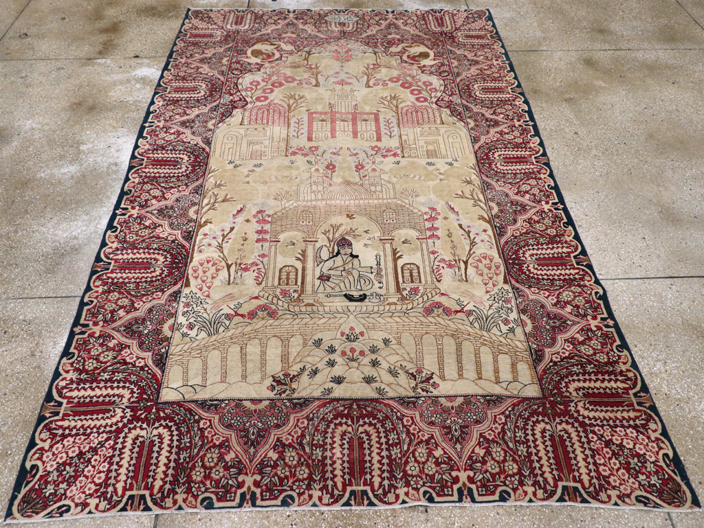 Antique Persian Lavar Kerman Pictorial Accent Carpet, No.9586 - Gsblank