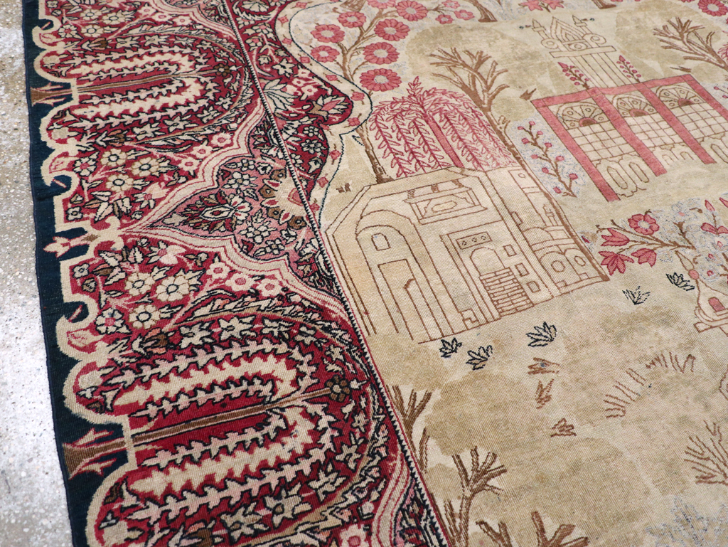 Antique Persian Lavar Kerman Pictorial Accent Carpet, No.9586 - Gsblank