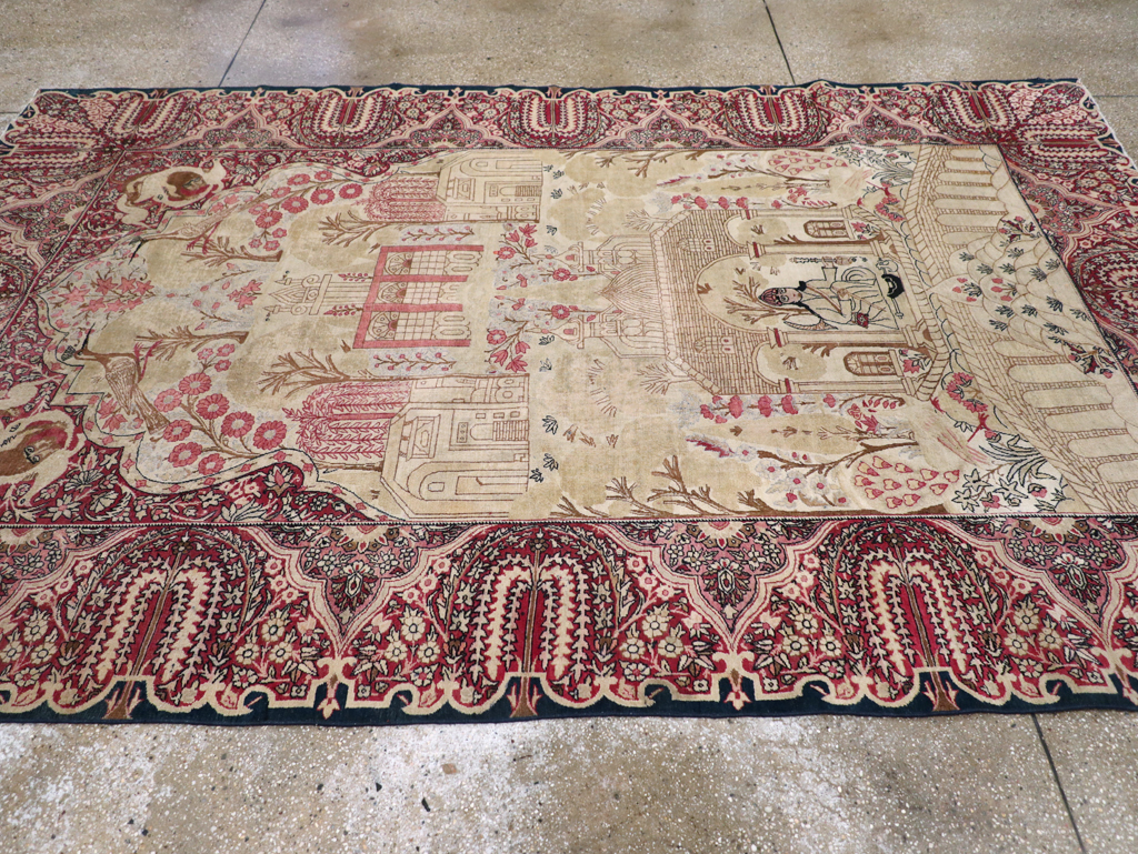 Antique Persian Lavar Kerman Pictorial Accent Carpet, No.9586 - Gsblank