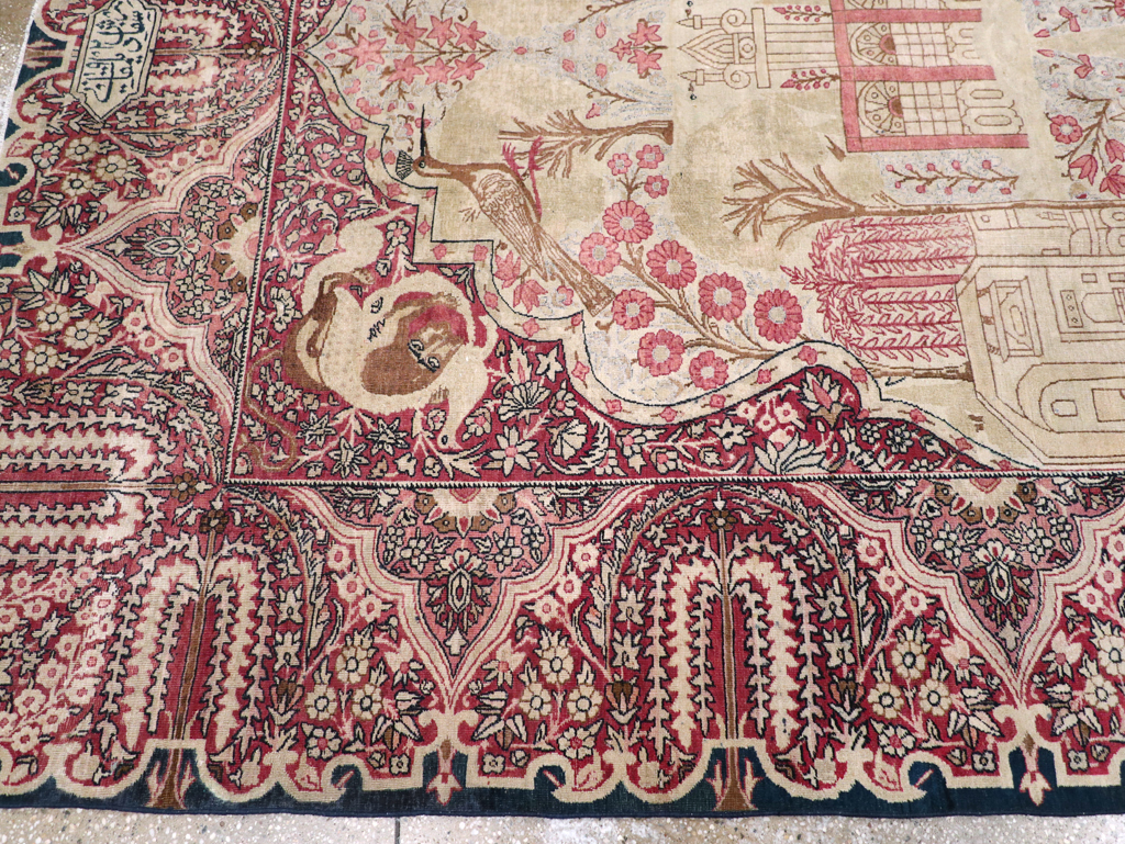 Antique Persian Lavar Kerman Pictorial Accent Carpet, No.9586 - Gsblank