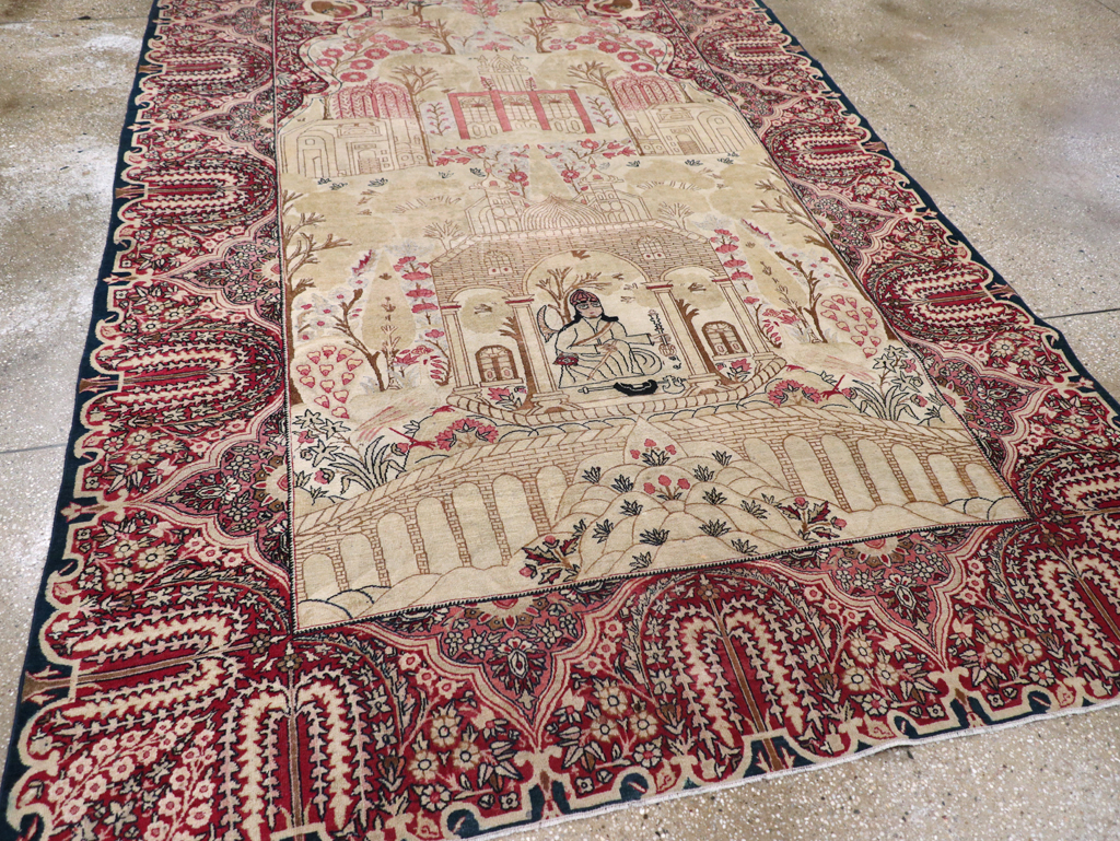 Antique Persian Lavar Kerman Pictorial Accent Carpet, No.9586 - Gsblank