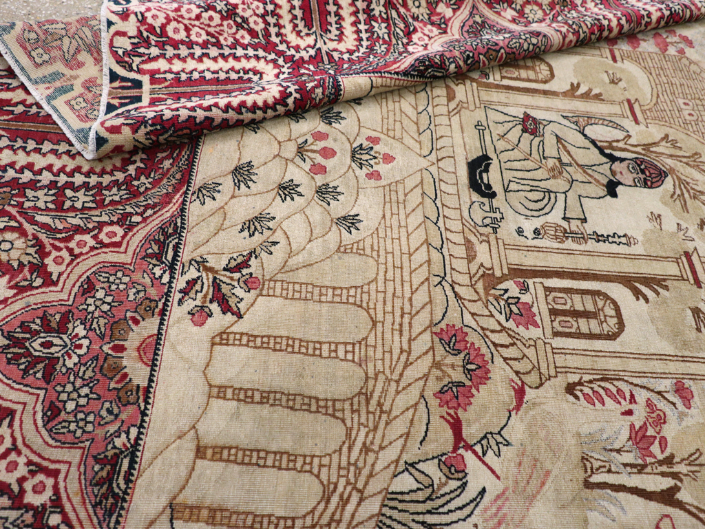 Antique Persian Lavar Kerman Pictorial Accent Carpet, No.9586 - Gsblank